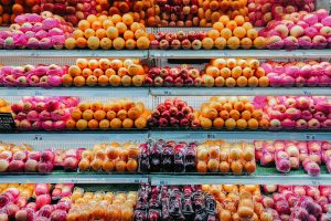 fruits on glass top display counter
